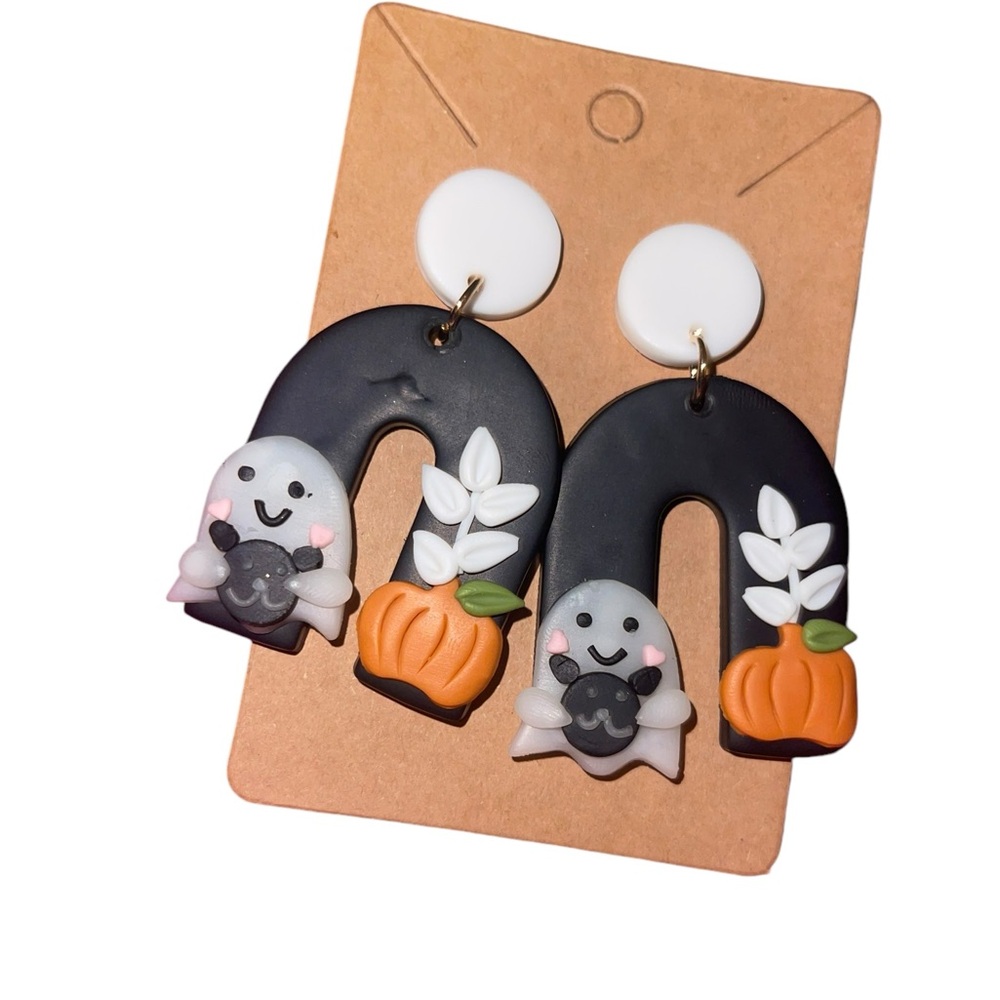 Clay Halloween Black and White Ghost Earrings